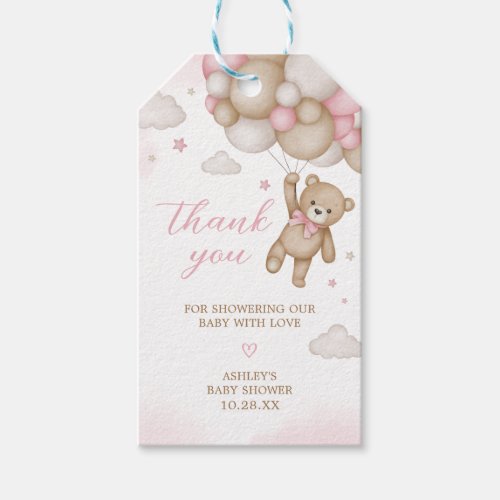 Pink Bear Balloon Baby Shower Favor Tags