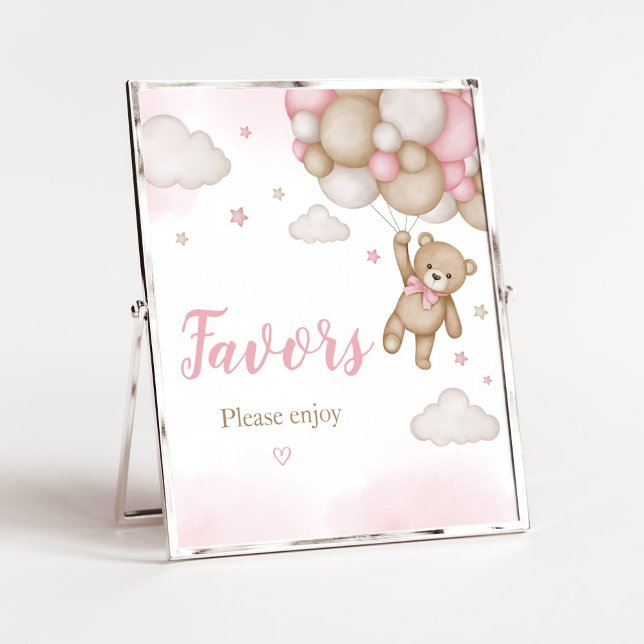 Pink Bear Balloon Baby Shower Favors Poster (Girl Bear Baby Shower Favors Sign)