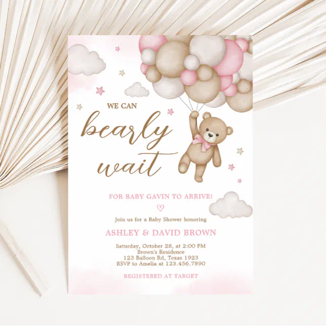 Pink Bear Balloon Baby Shower Invitation | Zazzle