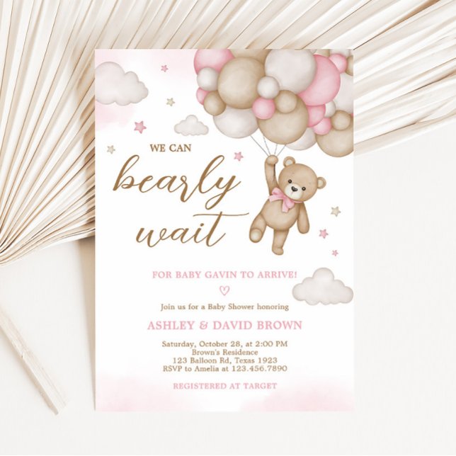 Pink Bear Balloon Baby Shower Invitation (Girl Bear Baby Shower Invitation)