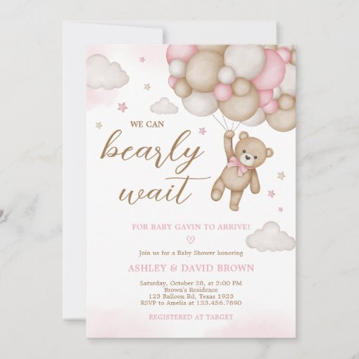 Pink Bear Balloon Baby Shower Invitation | Zazzle