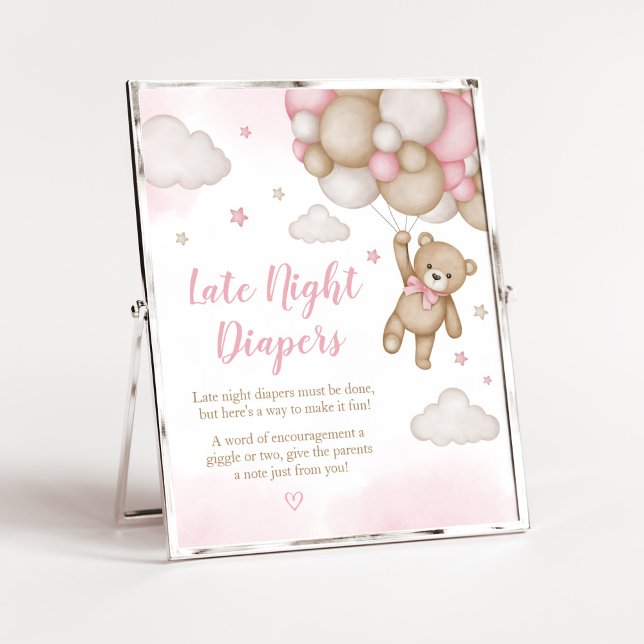 Pink Bear Balloon Baby Shower Late Night Diapers Poster (Girl Bear Baby Shower Late Night Diapers Sign)