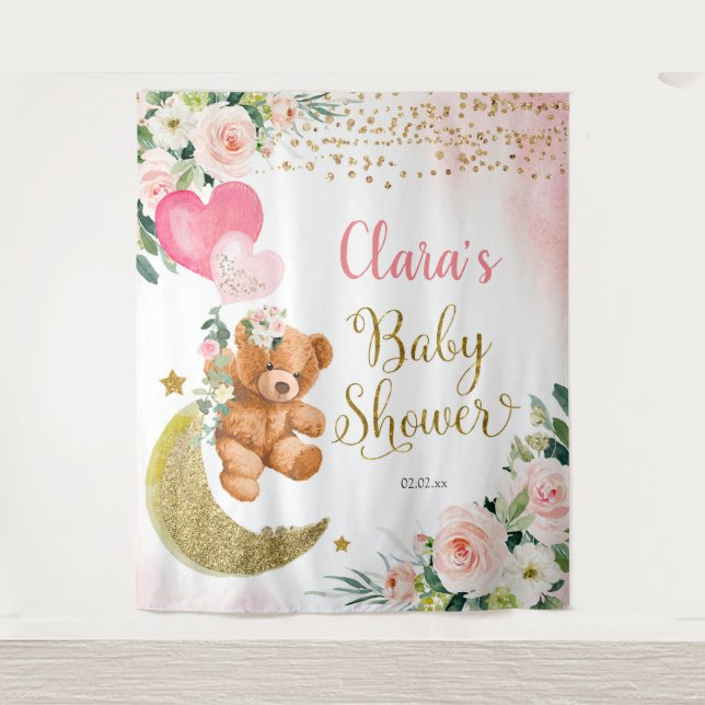 Pink Bear Balloon Baby Shower Sign Tapestry (Front)