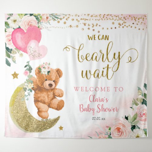 Pink Bear Balloon Baby Shower Sign Tapestry