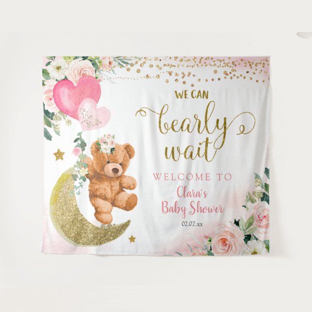 Pink Bear Balloon Baby Shower Sign Tapestry (Front (Horizontal))