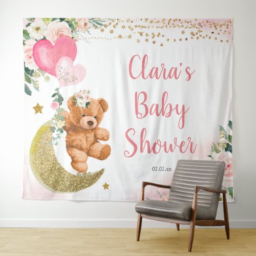 Pink Bear Balloon Baby Shower Sign Tapestry