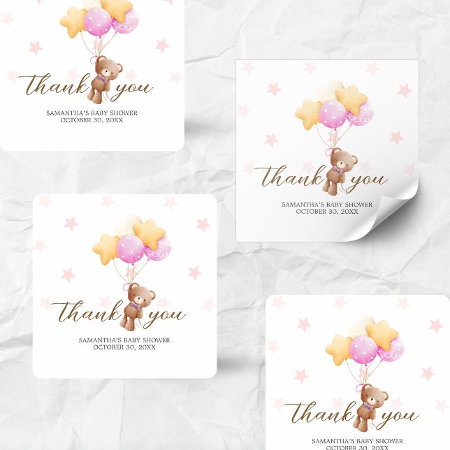Pink Bear Balloon Baby Shower Square Sticker (Girl We Can Bearly Wait Balloon Baby Shower Sticker)