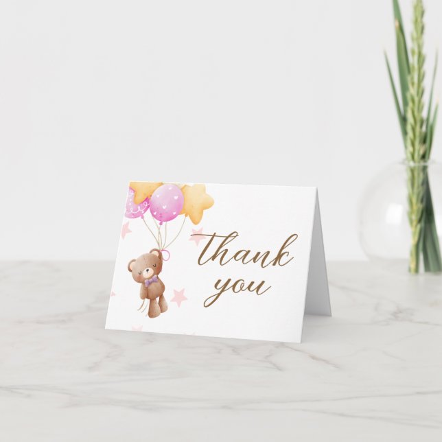 Pink Bear Balloon Baby Shower Thank You Card (Front)