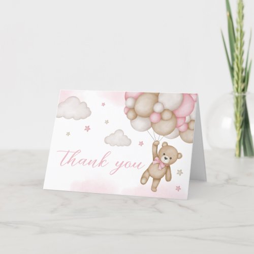 Pink Bear Balloon Baby Shower  Thank You Card