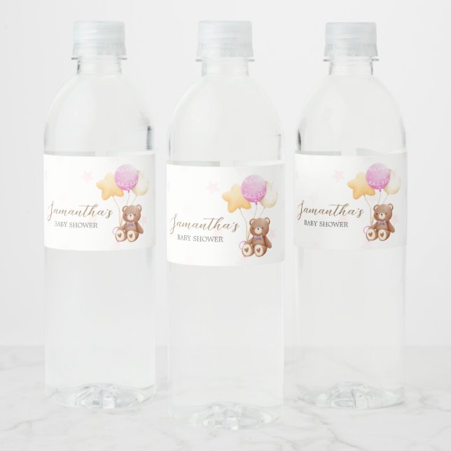 Pink Bear Balloon Baby Shower Water Bottle Label (Bottles)