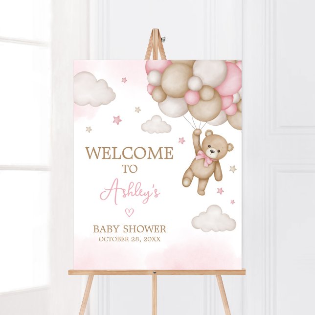 Pink Bear Balloon Baby Shower Welcome Poster (Girl Bear Baby Shower Welcome Sign)