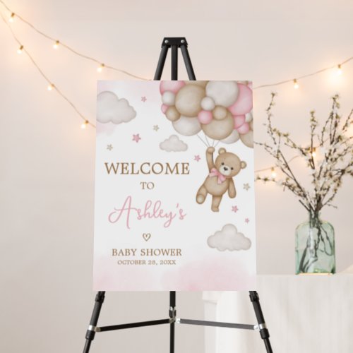 Pink Bear Balloon Baby Shower Welcome Sign
