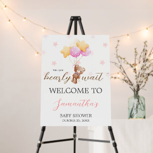 Pink Bear Balloon Baby Shower Welcome Sign