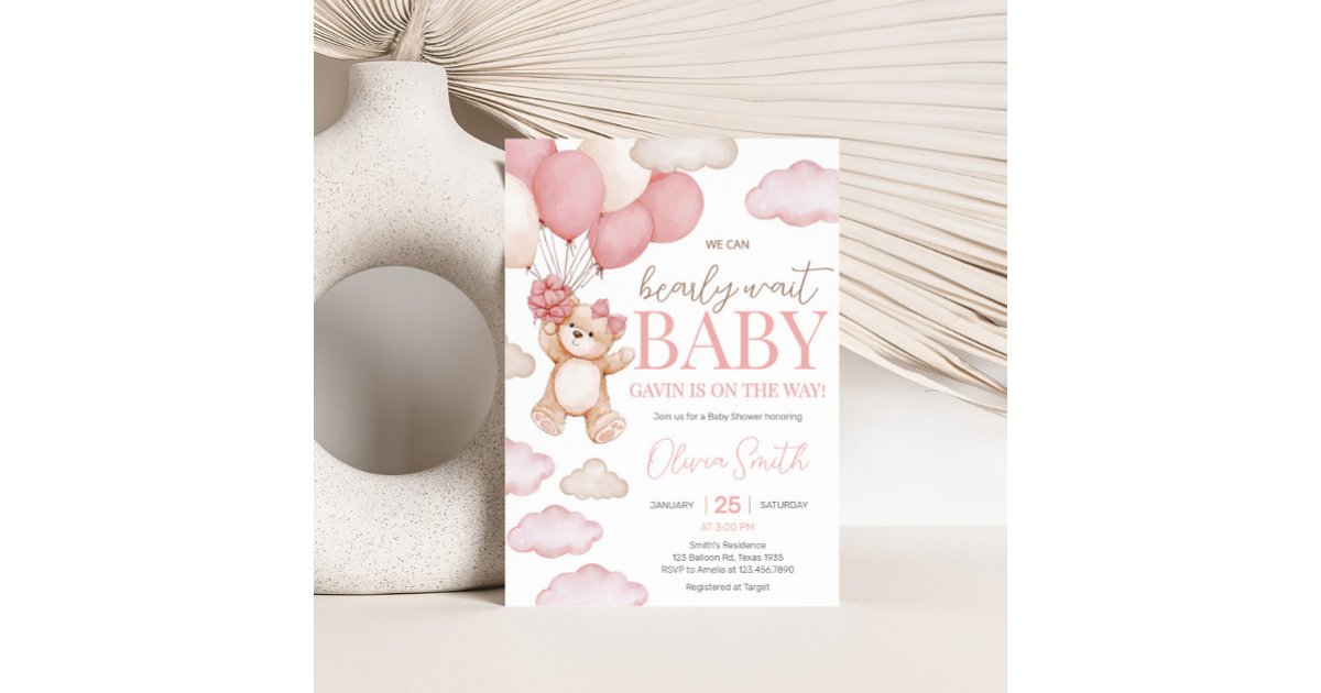 Pink Bear Balloon Bearly Wait Baby Shower Invitation | Zazzle