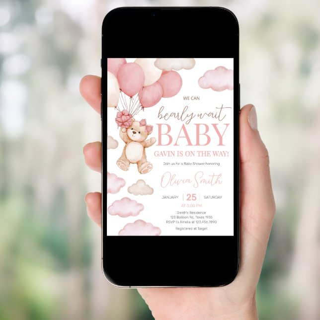 Pink Bear Balloon Bearly Wait Baby Shower Invitation (Front Digital)