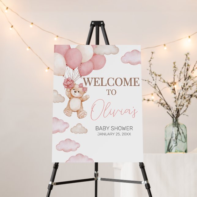 Pink Bear Balloon Bearly Wait Welcome Sign (In Situ (Stand))