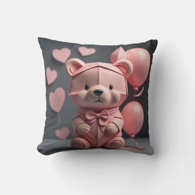 Pink Bear Balloon Throw Pillow (Front)