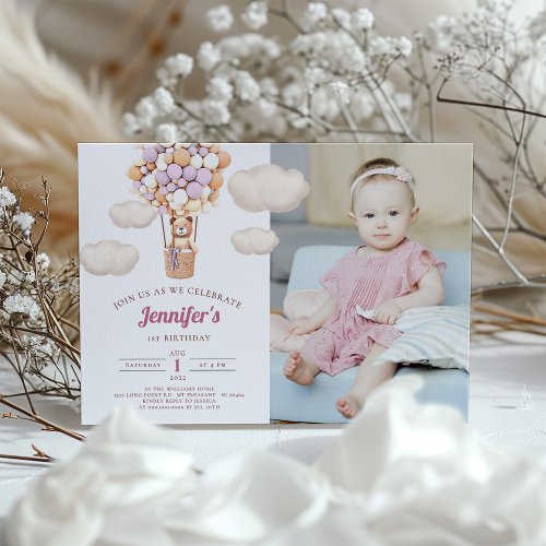 Pink Bear Balloons First Birthday Girl Invitation