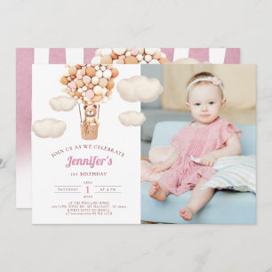 Pink Bear Balloons First Birthday Girl Invitation