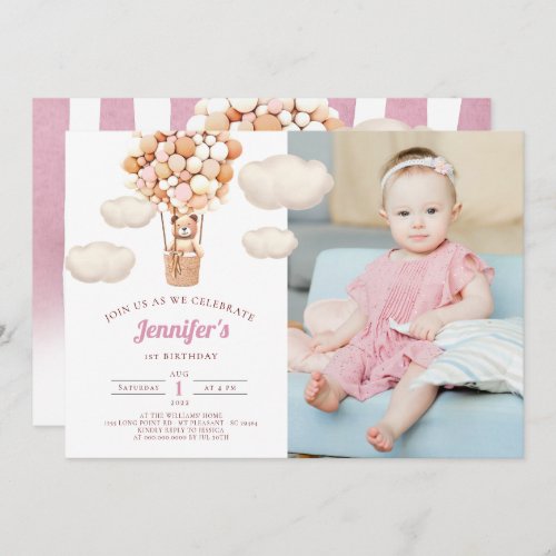 Pink Bear Balloons First Birthday Girl Invitation