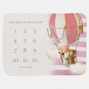 Pink Bear Balloons Girl Milestone Baby Blanket