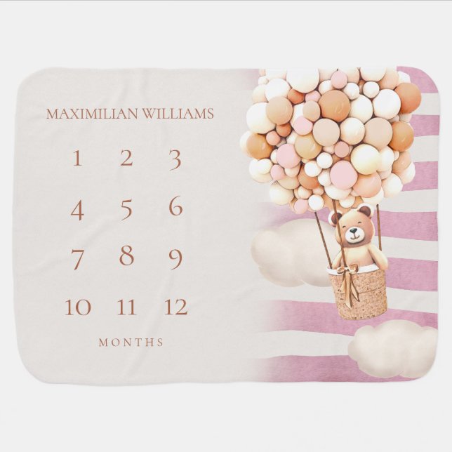 Pink Bear Balloons Milestone Baby Blanket (Horizontal)
