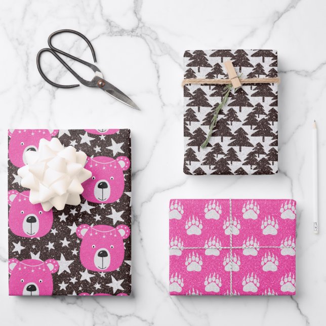 Pink Bear, Bear Paws, and Trees Woodland Forest Wr Wrapping Paper Sheets (Front)