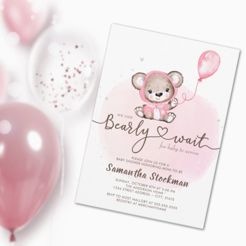 Pink Bear Bearly Wait Baby Shower Invitation