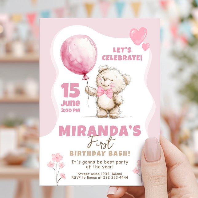 Pink Bear Birthday Bash 1st birthday Invitation (Creator Uploaded)