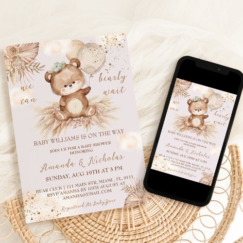 Pink Bear Boho Floral  Baby Girl Shower Invitation