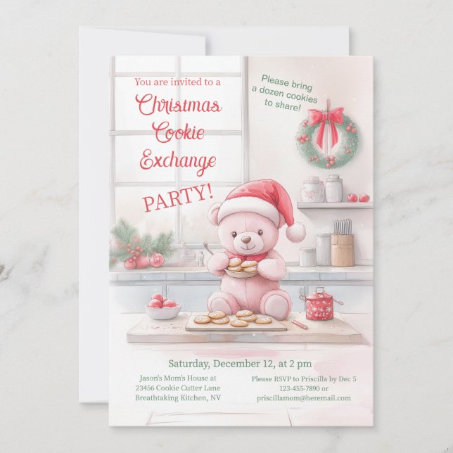 Pink Bear Christmas Cookie Exchange Invitation (Front)