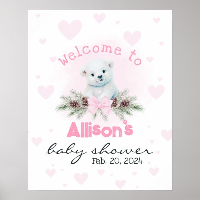 Pink Bear Cub Cute Baby Shower Welcome Sign (Front)