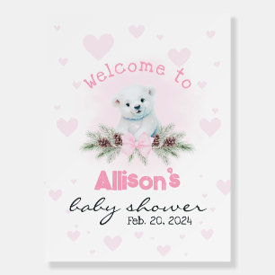 Pink Bear Cub Winter Baby Shower Welcome Sign