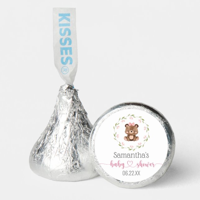 Pink Bear Floral Baby Girl Shower Personalized Hershey®'s Kisses® (Front)