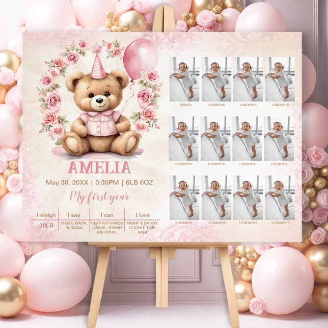 Pink Bear Girl 1st Birthday Photo Milestone Poster (Pink Bear Girl 1st Birthday Photo Milestone Poster)