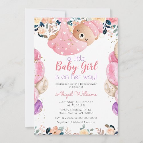 Pink Bear Girl on Her Way Floral Baby Shower Invitation