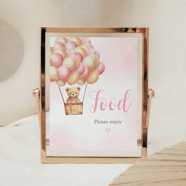 Pink Bear Hot Air Balloon Baby Shower Food Poster (Girl Bear Boho Baby Shower Food Sign)