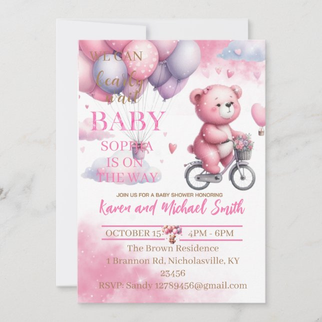 Pink Bear Hot Air Balloon Baby Shower Set Invitati Invitation (Front)