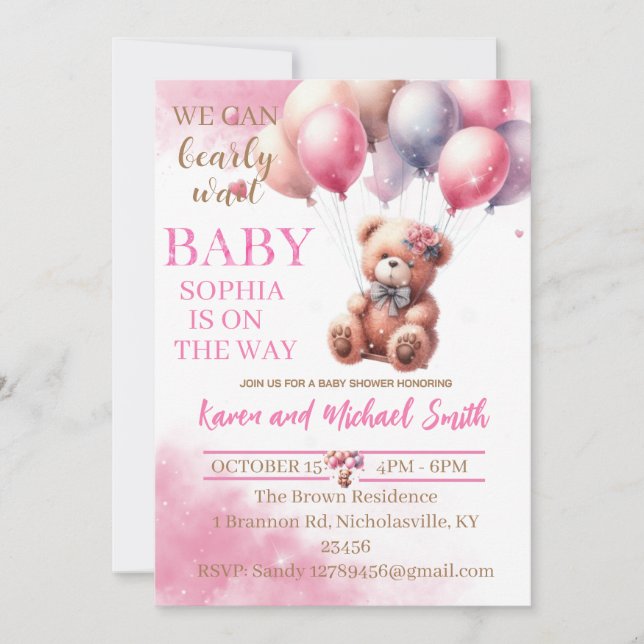Pink Bear Hot Air Balloon Baby Shower Set Invitati Invitation (Front)