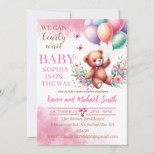 Pink Bear Hot Air Balloon Baby Shower Set Invitati Invitation (Front)