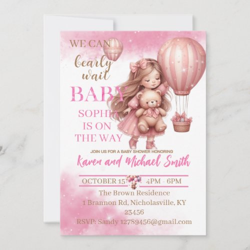 Pink Bear Hot Air Balloon Baby Shower Set Invitati Invitation