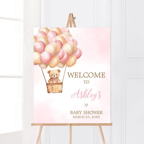 Pink Bear Hot Air Balloon Baby Shower Welcome Poster