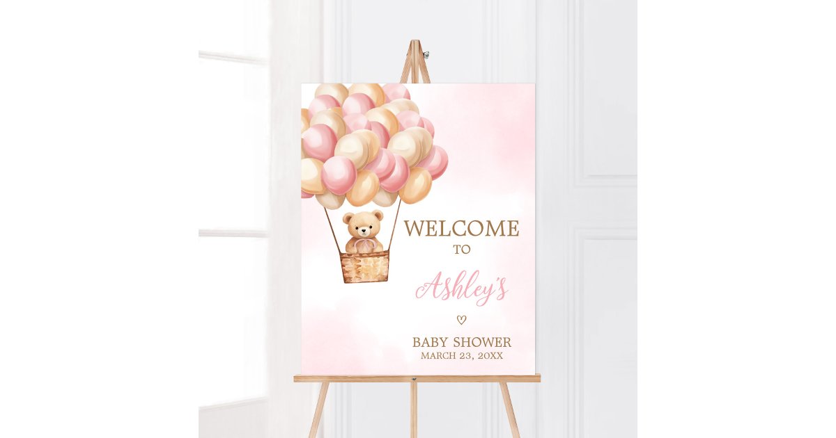 Pink Bear Hot Air Balloon Baby Shower Welcome Poster | Zazzle