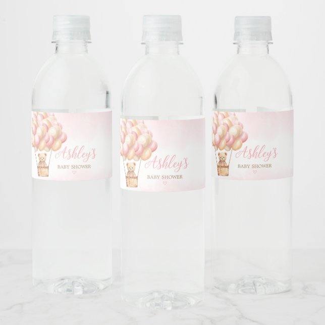 Pink Bear Hot Air Balloon  Water Bottle Label (Bottles)