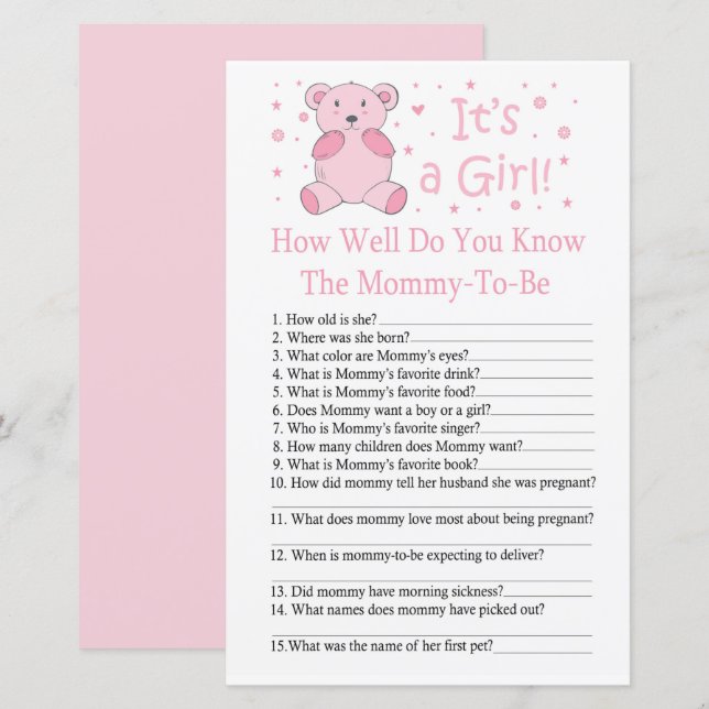 Pink bear How well do you know baby shower game (Front/Back)