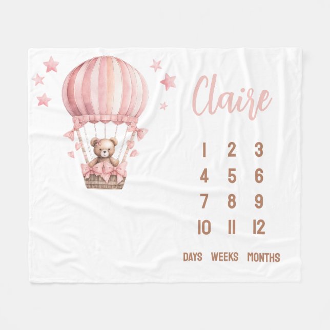 Pink Bear in Hot Air Balloon Baby Milestone Fleece Blanket (Front (Horizontal))