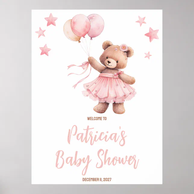 Pink Bear in Hot Air Balloon Baby Shower Welcome Poster | Zazzle