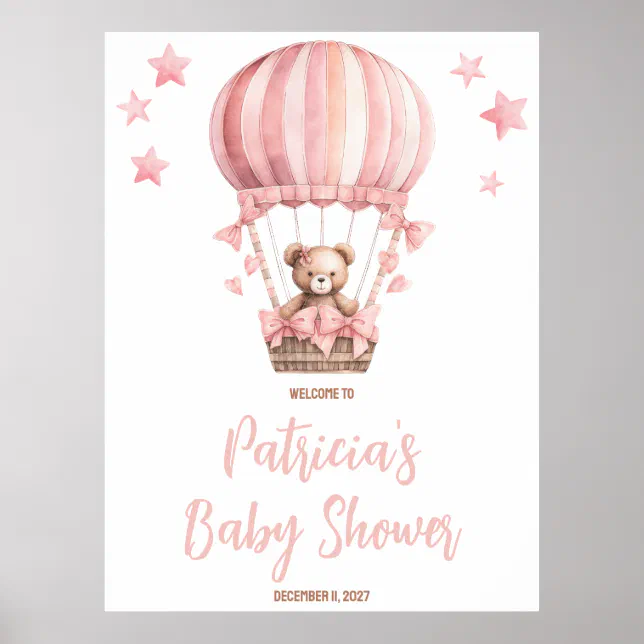 Pink Bear in Hot Air Balloon Baby Shower Welcome Poster | Zazzle