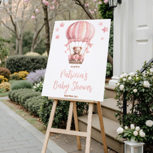 Pink Bear in Hot Air Balloon Baby Shower Welcome Poster