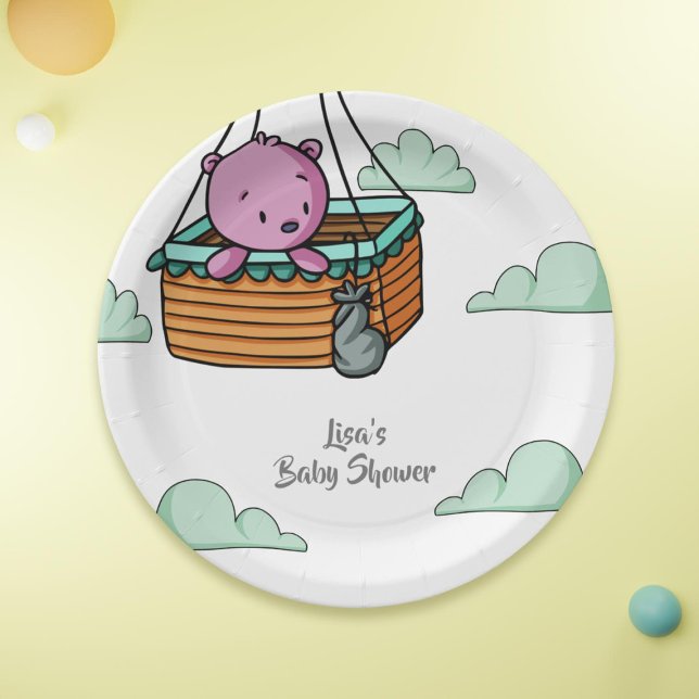 Pink Bear in Hot Air Balloon Basket Baby Shower Paper Plates (Creator Uploaded)